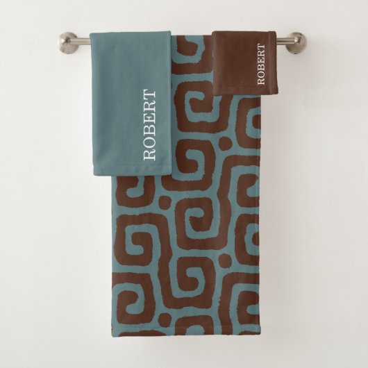 Elegant Blue &Brown Abstract Pattern Monogram name Badhandtuch Set (Insitu)