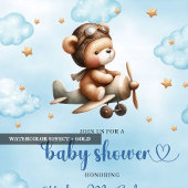 Elegant Blue Brown Teddy Bear Pilot Baby Shower Einladung
