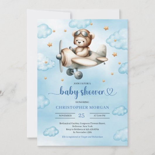 Elegant Blue Brown Teddy Bear Pilot Baby Shower Einladung (Vorderseite)