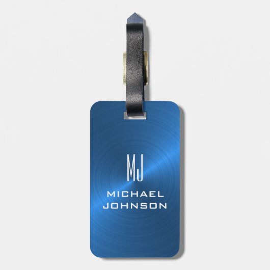 Elegant Blue Brushed Metallic Mit Monogramm Initia Gepäckanhänger (Rückseite vertikal)