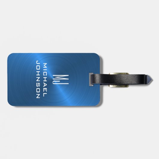 Elegant Blue Brushed Metallic Mit Monogramm Initia Gepäckanhänger (Rückseite horizontal)