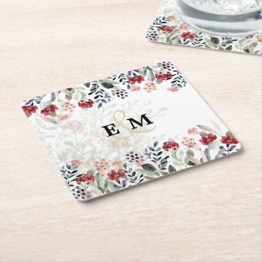 Elegant Blue Burgundy Floral Wedding MIT MONOGRAMM Rechteckiger Pappuntersetzer (angewinkelt)
