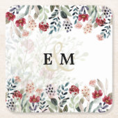 Elegant Blue Burgundy Floral Wedding MIT MONOGRAMM Rechteckiger Pappuntersetzer (Vorderseite)