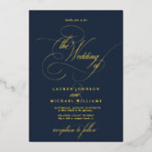 Elegant Blue Burgundy Gold Calligraphy Wedding Folieneinladung (Vorderseite)