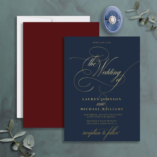 Elegant Blue Burgundy Gold Calligraphy Wedding Folieneinladung