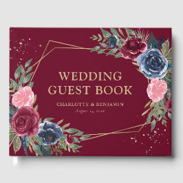 Elegant Blue Burgundy Gold Geometric Wedding Gästebuch