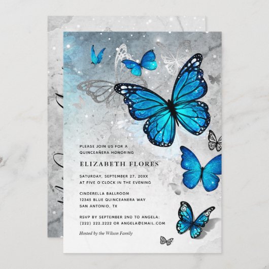 Elegant Blue Butterfly Aschenputtel Quinceanera Einladung (Vorne/Hinten)