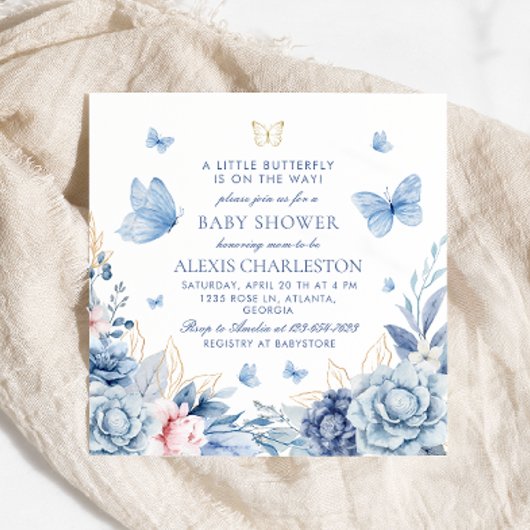 Elegant Blue Butterfly Boy Baby Shower Einladung