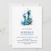Elegant Blue Butterfly Floral 1st Birthday Party Einladung (Vorderseite)