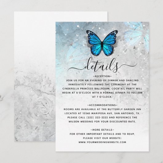 Elegant Blue Butterfly Wedding Details Begleitkarte (Vorne/Hinten)