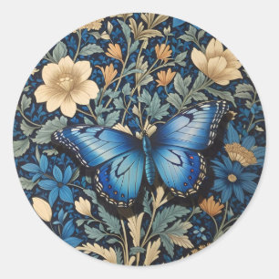Elegant Blue Butterfly William Morris Inspiriert Runder Aufkleber