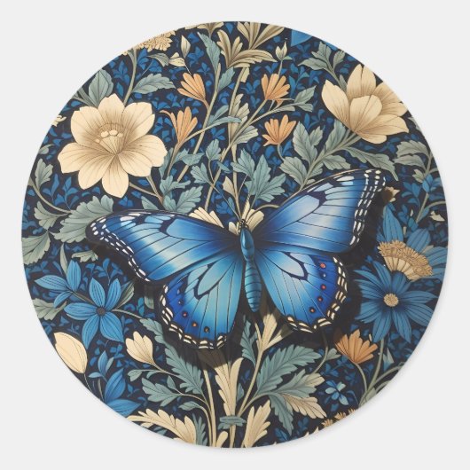 Elegant Blue Butterfly William Morris Inspiriert Runder Aufkleber (Vorderseite)