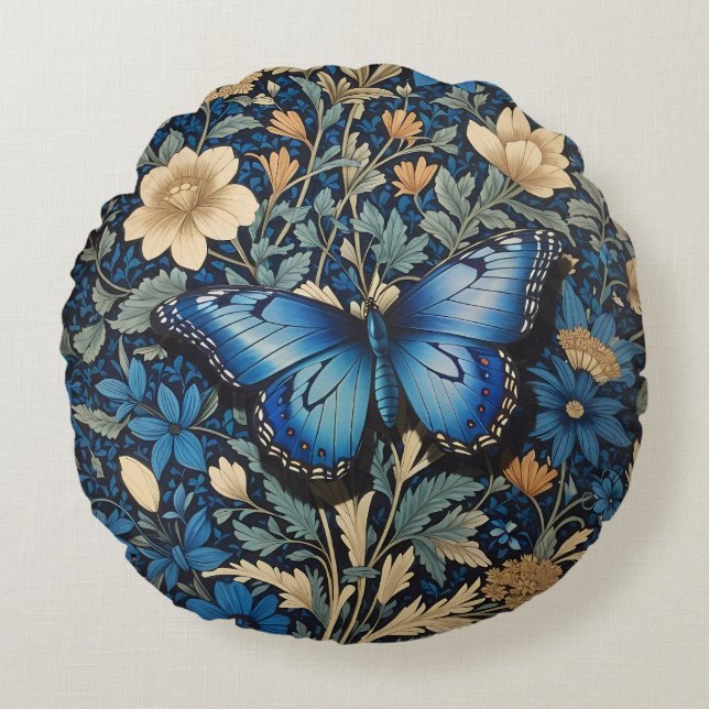 Elegant Blue Butterfly William Morris Inspiriert Rundes Kissen (Vorderseite)