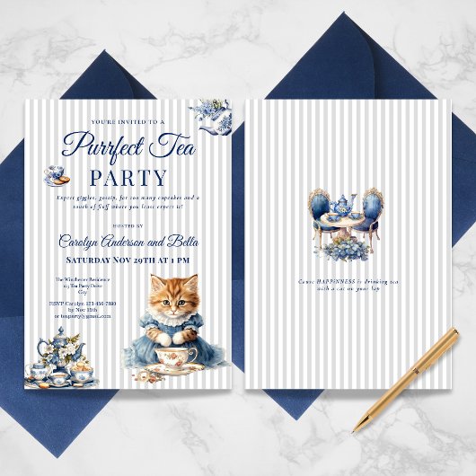 Elegant Blue Cat Party Invitation Template Einladung