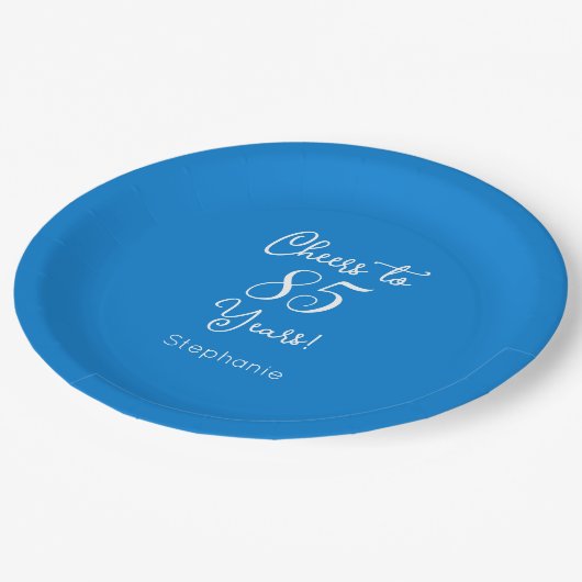 Elegant Blue Cheers to 85 Years 85 th Birthday Pappteller (Schrägansicht)