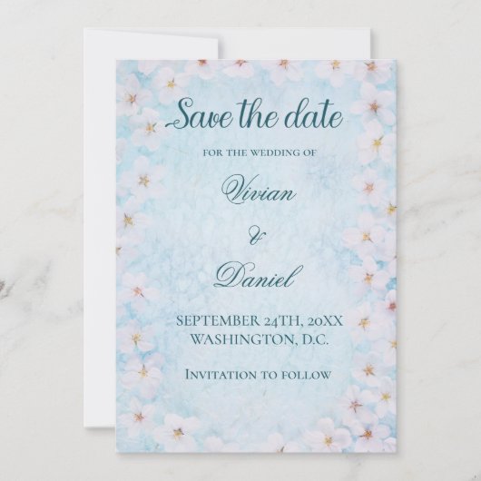 Elegant Blue Cherry Blossom Save the Date Hochzeit (Vorderseite)