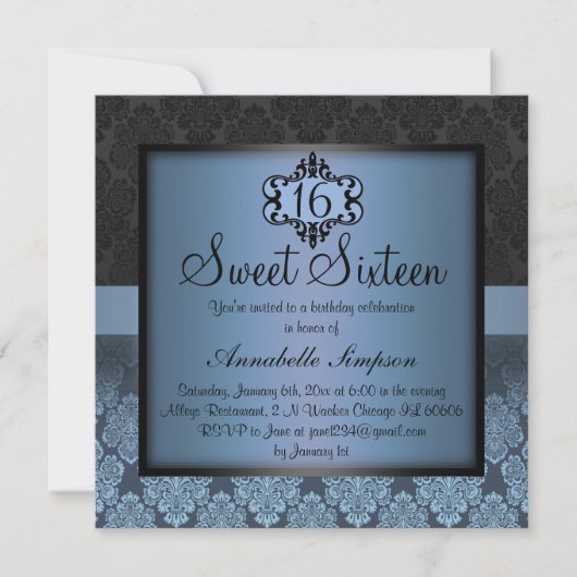 Elegant Blue Chic Damask Sweet16 Einladung (Vorderseite)