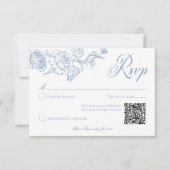 Elegant Blue Chinoiserie Bird & Wappen Wedding QR RSVP Karte (Vorderseite)
