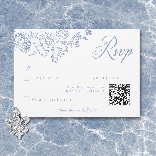 Elegant Blue Chinoiserie Bird & Wappen Wedding QR RSVP Karte