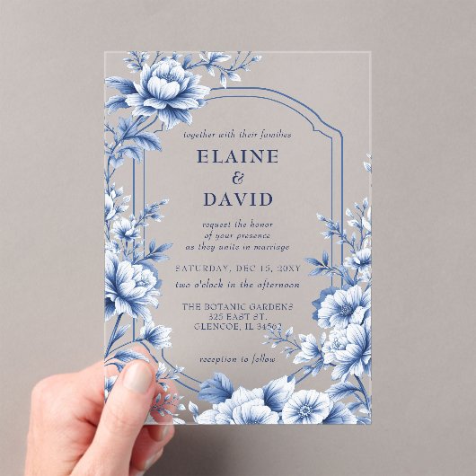 Elegant Blue Chinoiserie Floral Botanical Wedding Acryleinladungen (Insitu (Handheld))