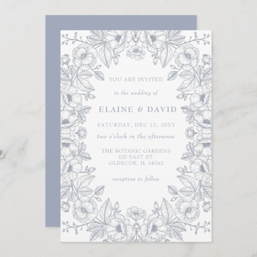 Elegant Blue Chinoiserie Floral Botanical Wedding Einladung (Vorne/Hinten)