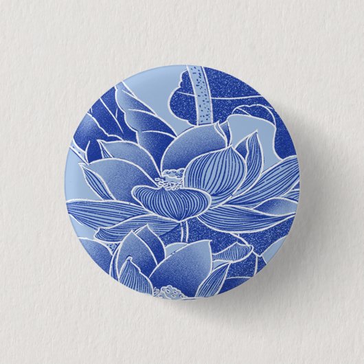 Elegant Blue Chinoiserie Floral Lotus Mandala Button (Vorderseite)