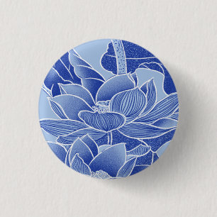 Elegant Blue Chinoiserie Floral Lotus Mandala Button