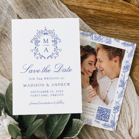 Elegant Blue Chinoiserie Floral QR Code Wedding Save The Date
