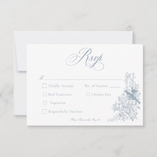 Elegant Blue Chinoiserie Natur & Vögel Hochzeit RSVP Karte (Vorderseite)