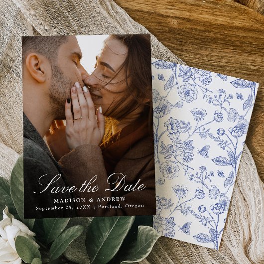 Elegant Blue Chinoiserie Photo Wedding Save The Date