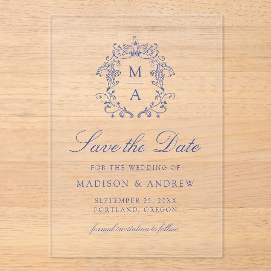 Elegant Blue Chinoiserie Wedding Save the Date Acryleinladungen (Vorderseite)