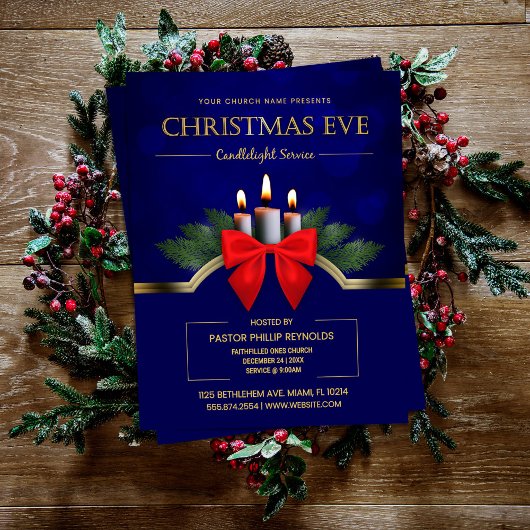 Elegant Blue Christmas Eve Candlelight Church Flyer