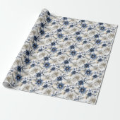 Elegant Blue Christmas Floral Geschenkpapier (Ungerollt)