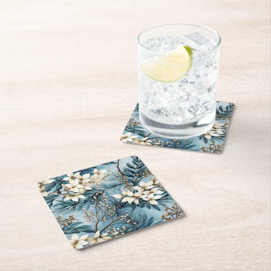 Elegant Blue Christmas Florals Rechteckiger Pappuntersetzer (Vor Ort)