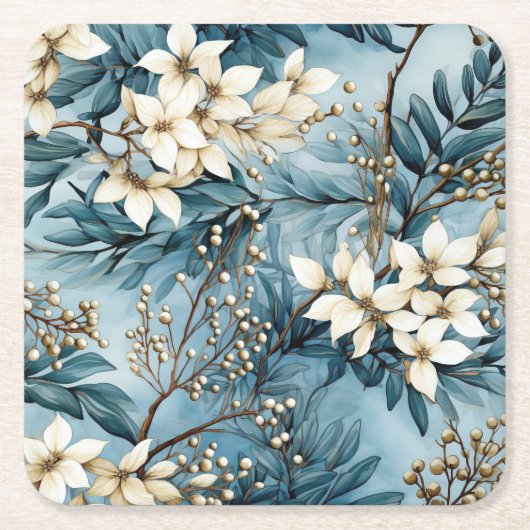 Elegant Blue Christmas Florals Rechteckiger Pappuntersetzer (Vorderseite)