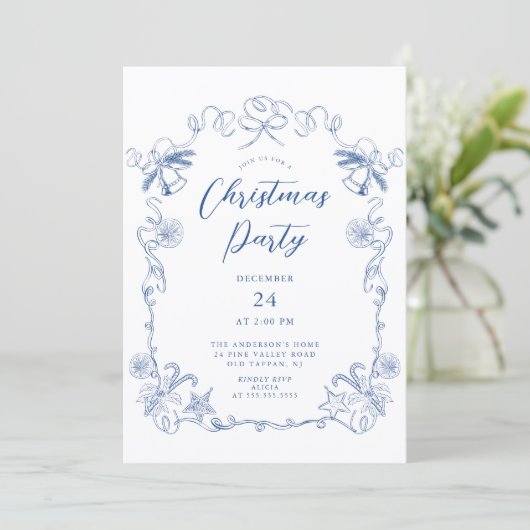 Elegant Blue Christmas Party Invitation Einladung (Stehend Vorderseite)