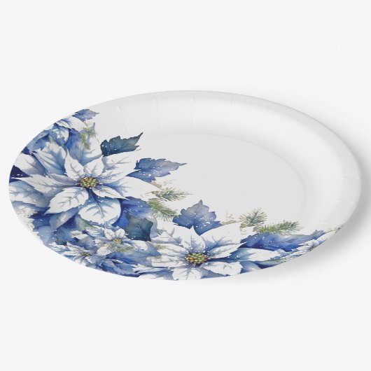 Elegant Blue Christmas Poinsettia Pappteller (Schrägansicht)