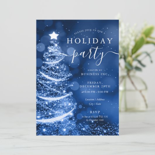 Elegant Blue Christmas Tree Company Holiday Einladung (Stehend Vorderseite)
