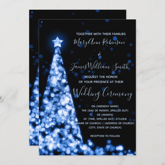 Elegant Blue Christmas Tree Holiday Wedding Einladung (Vorne/Hinten)