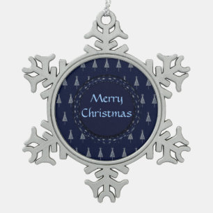 Elegant Blue Christmas Trees and Stars Schneeflocken Zinn-Ornament