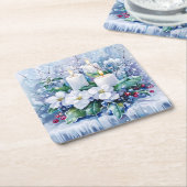 Elegant Blue Christmas White Poinsettia & Candles Rechteckiger Pappuntersetzer (angewinkelt)