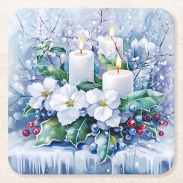 Elegant Blue Christmas White Poinsettia & Candles Rechteckiger Pappuntersetzer
