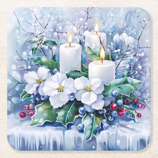 Elegant Blue Christmas White Poinsettia & Candles Rechteckiger Pappuntersetzer (Vorderseite)