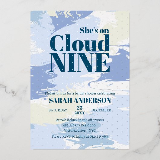 Elegant Blue Cloud Nine Bold Brautparty Silver Folieneinladung (Vorderseite)