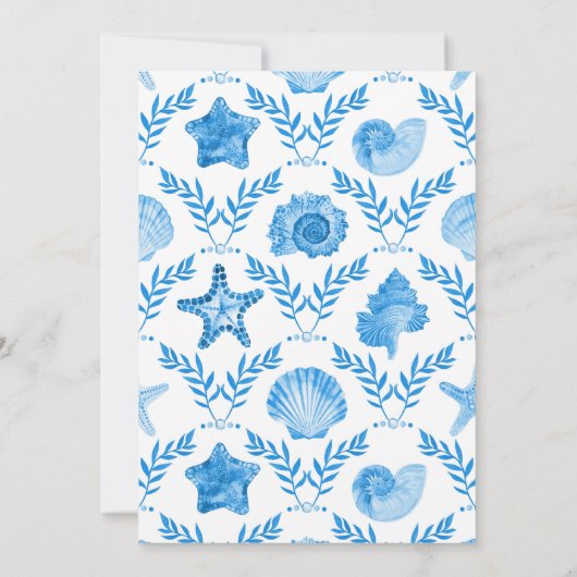 Elegant Blue Coastal Seashell and Coral Wedding Einladung (Rückseite)