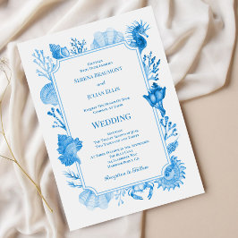 Elegant Blue Coastal Seashell and Coral Wedding Einladung
