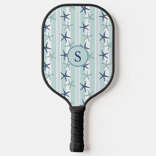 Elegant Blue Coastal Starfish Mit Monogramm Pickleball Schläger (Rückseite)