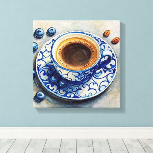 Elegant Blue Coffee Cup with Blueberries – Realist Leinwanddruck (Insitu (Holzboden))