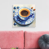 Elegant Blue Coffee Cup with Blueberries – Realist Leinwanddruck (Insitu (Wohnzimmer))