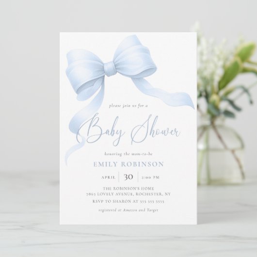 Elegant Blue Coquette Bow Boy Baby Shower Einladung (Stehend Vorderseite)